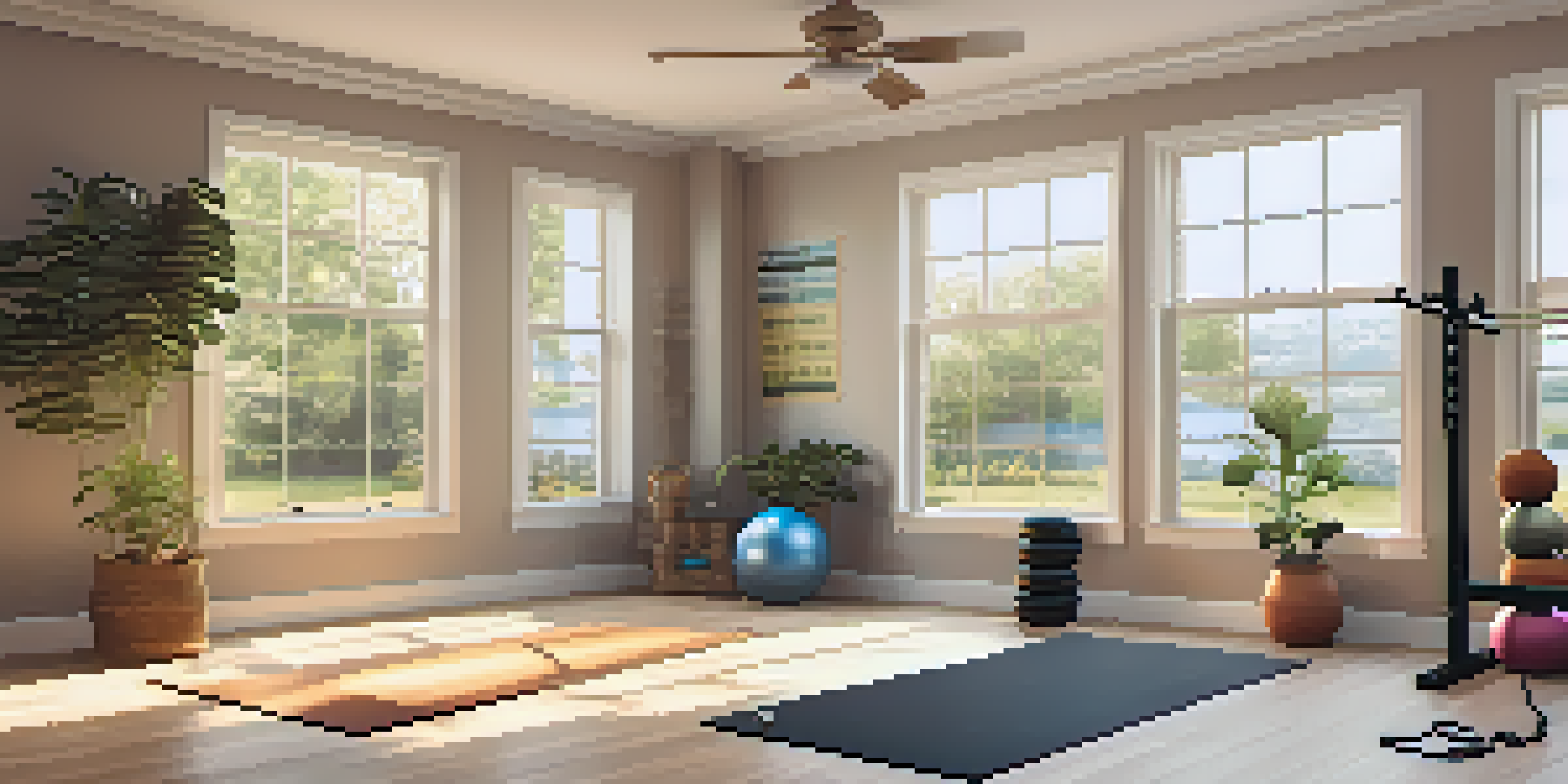 A cozy home gym with weights and yoga mat, illuminated by natural light, featuring motivational quotes on the walls.