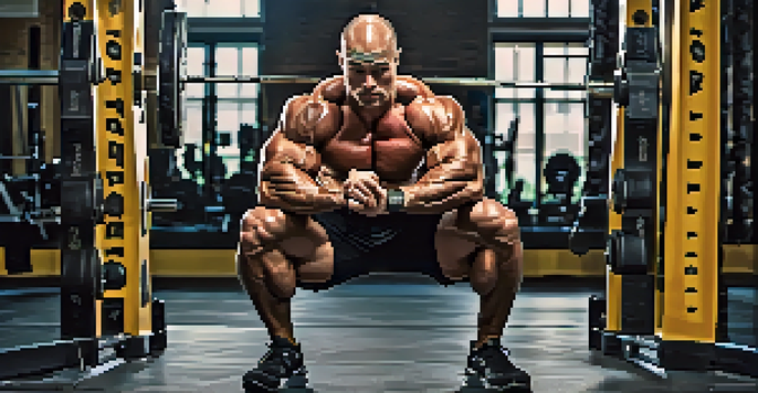 A bodybuilder executing a squat with correct form in a well-lit gym, emphasizing strength and focus.