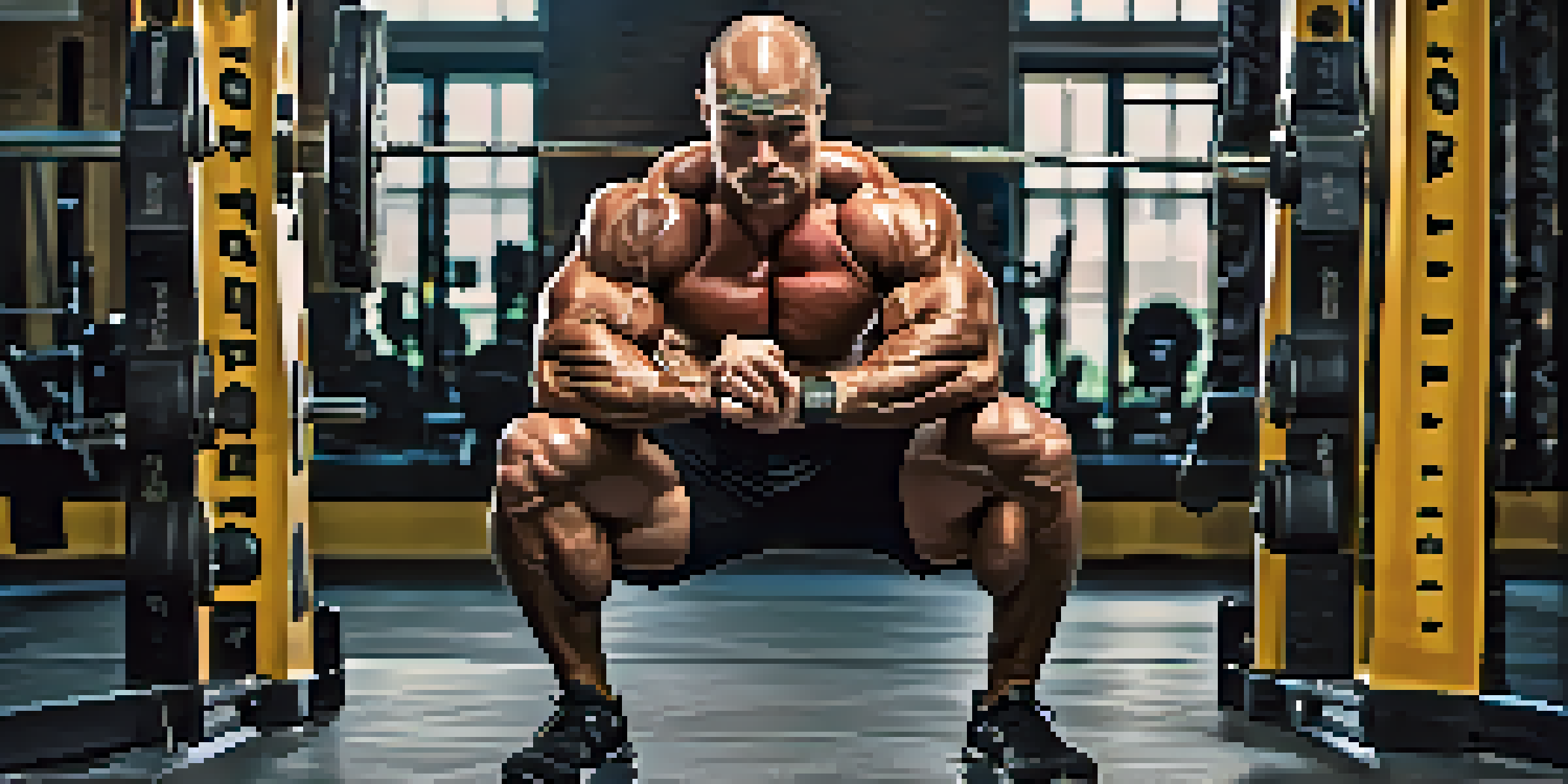 A bodybuilder executing a squat with correct form in a well-lit gym, emphasizing strength and focus.