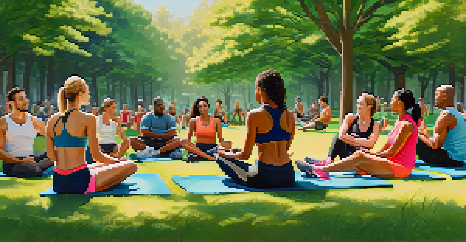 A group of fitness enthusiasts discussing and sharing tips in a sunny park.