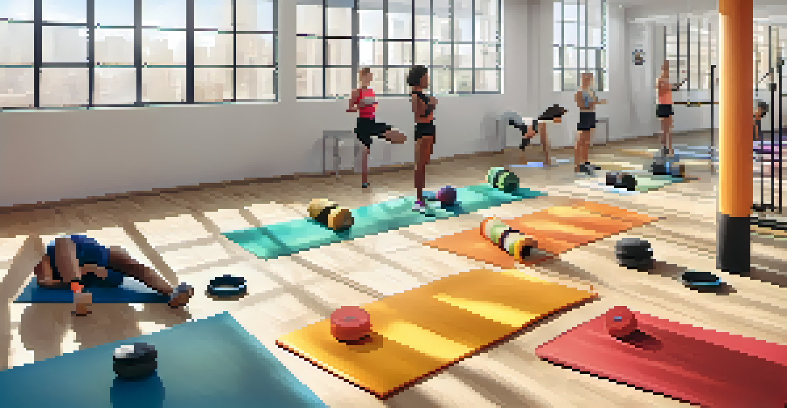 An overhead view of a gym floor with warm-up equipment and a fitness instructor demonstrating a mobility drill.