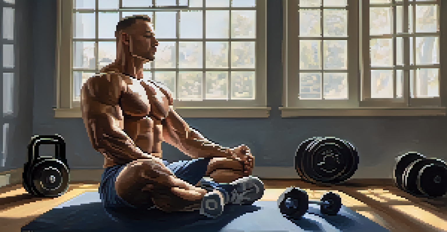 A bodybuilder meditating on a gym mat, surrounded by weights, in a peaceful and serene environment.
