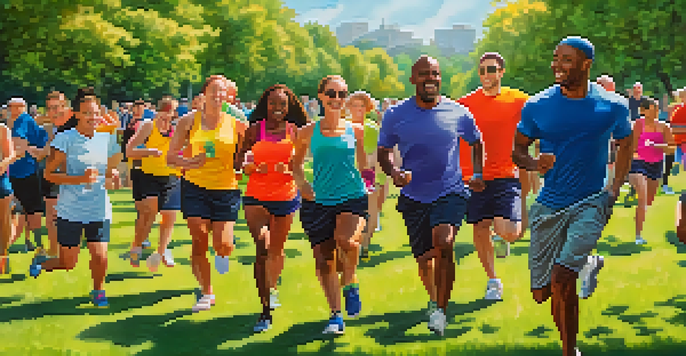 A diverse group of people participating in an outdoor charity fitness event, exercising together under sunlight.