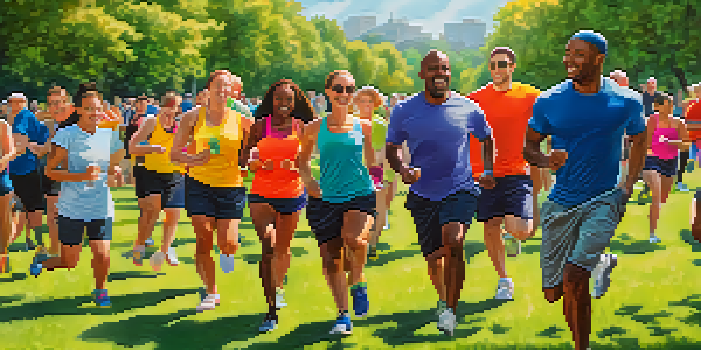 A diverse group of people participating in an outdoor charity fitness event, exercising together under sunlight.