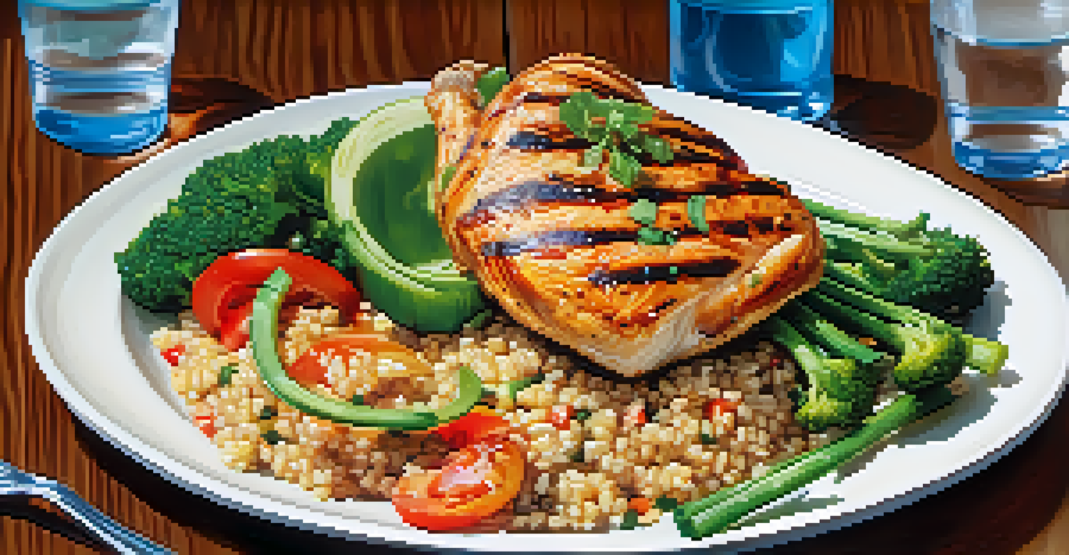 A healthy meal featuring grilled chicken, quinoa, and mixed vegetables, beautifully arranged on a wooden table.