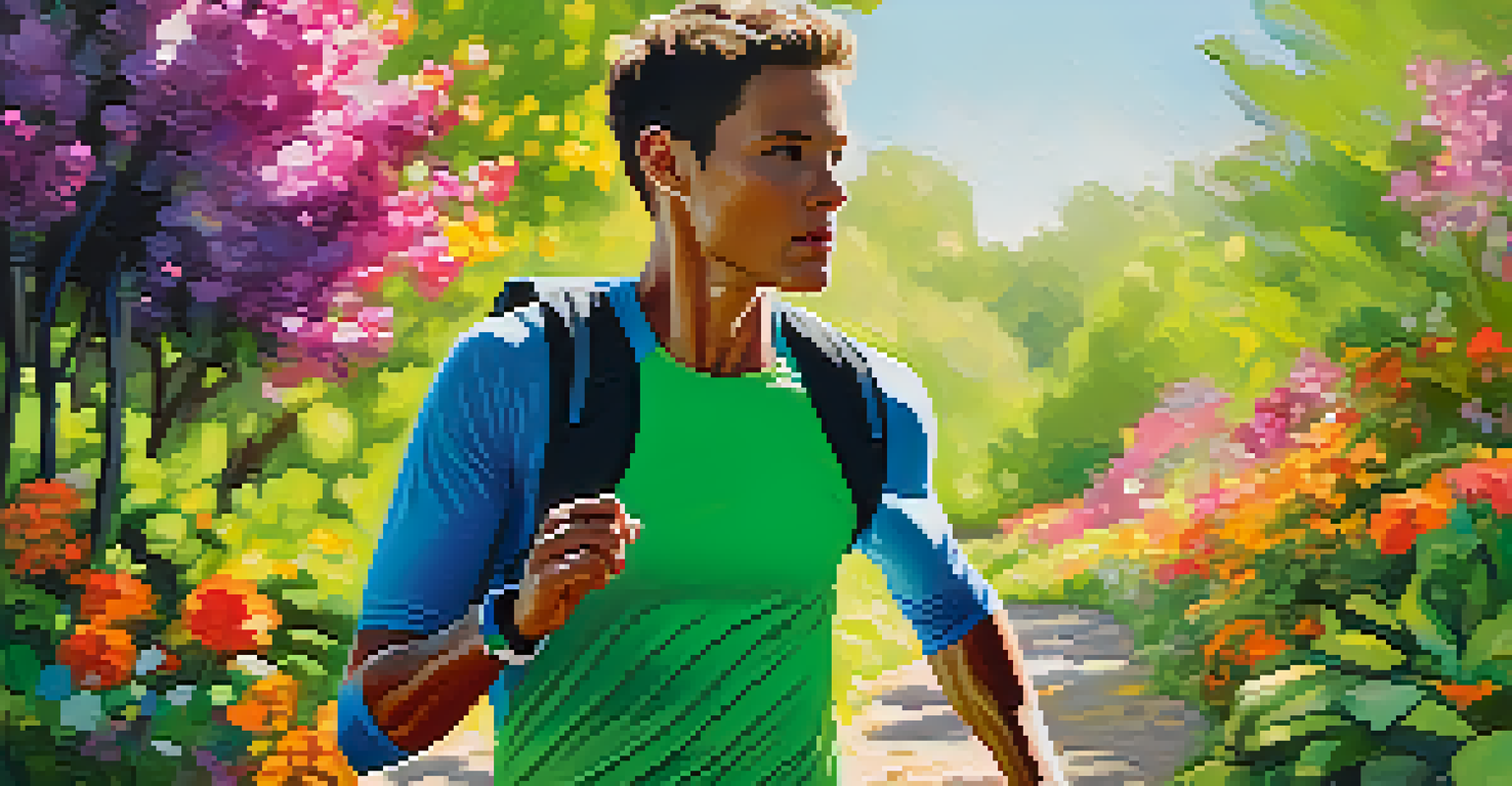 An athlete running outdoors, wearing a fitness tracker, with a vibrant nature background.