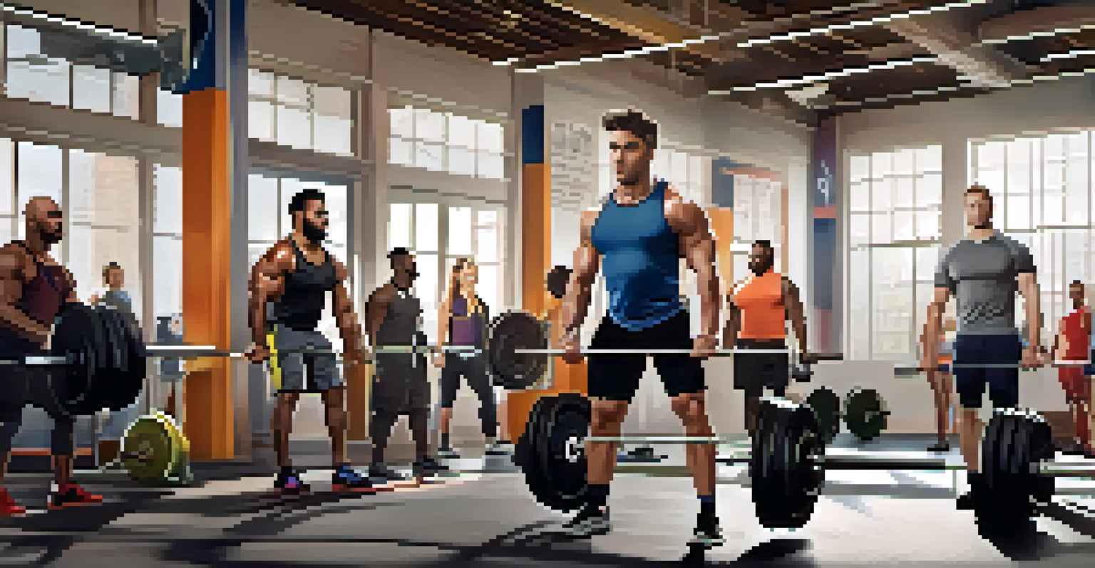 A diverse group of individuals lifting weights together in a gym, demonstrating support and determination in a vibrant, well-lit setting.