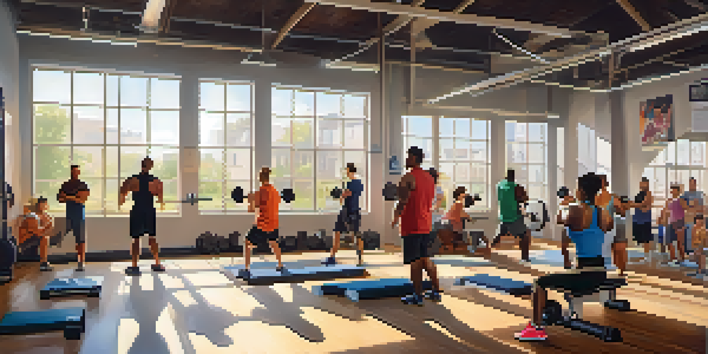 A diverse group of people in a welcoming gym, engaging in weightlifting and showing support for each other with warm sunlight streaming in.