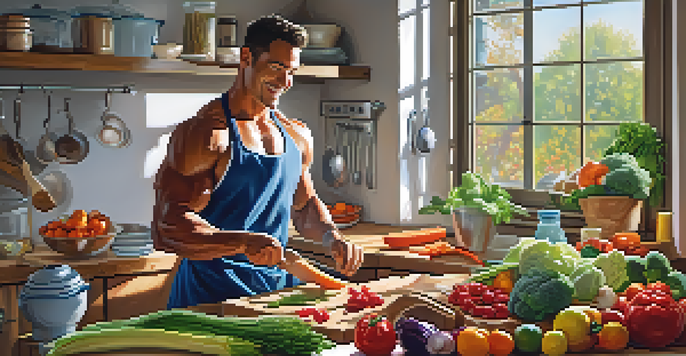 A bodybuilder in a kitchen happily preparing a healthy meal with fresh vegetables and lean proteins, illuminated by sunlight.