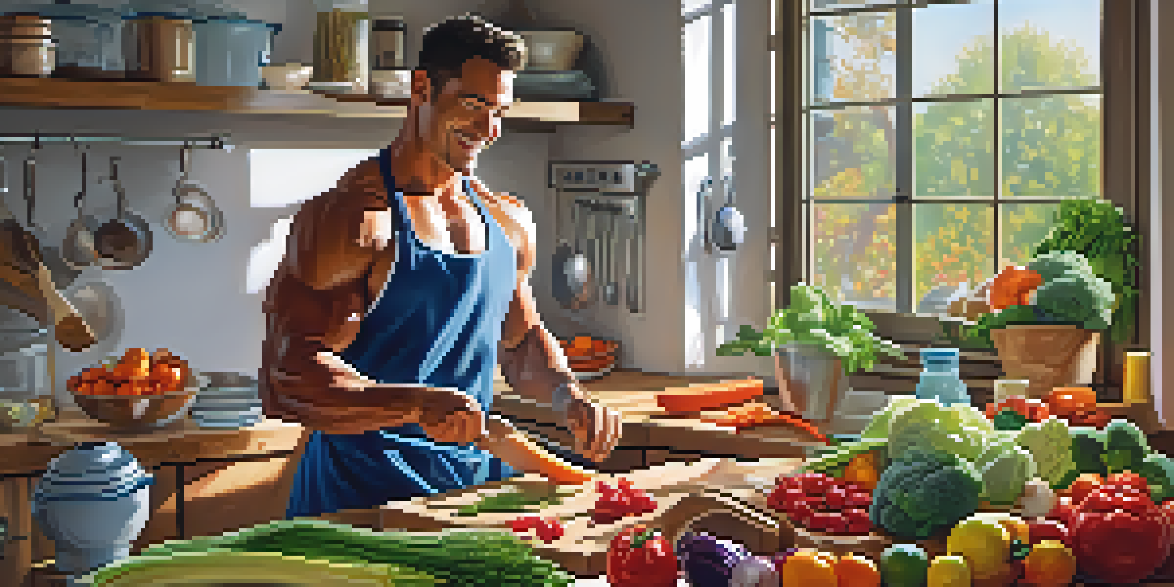 A bodybuilder in a kitchen happily preparing a healthy meal with fresh vegetables and lean proteins, illuminated by sunlight.