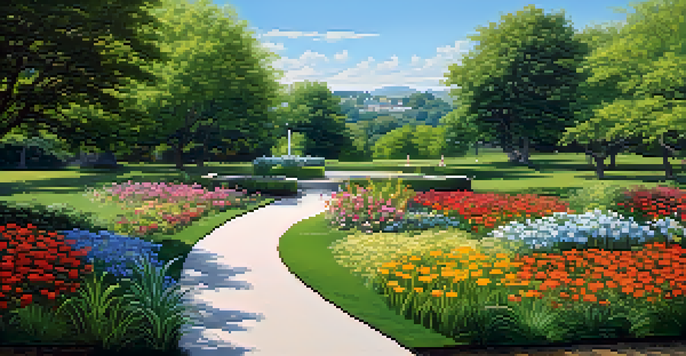 A peaceful park scene with a person walking along a path surrounded by greenery and flowers under a clear blue sky.