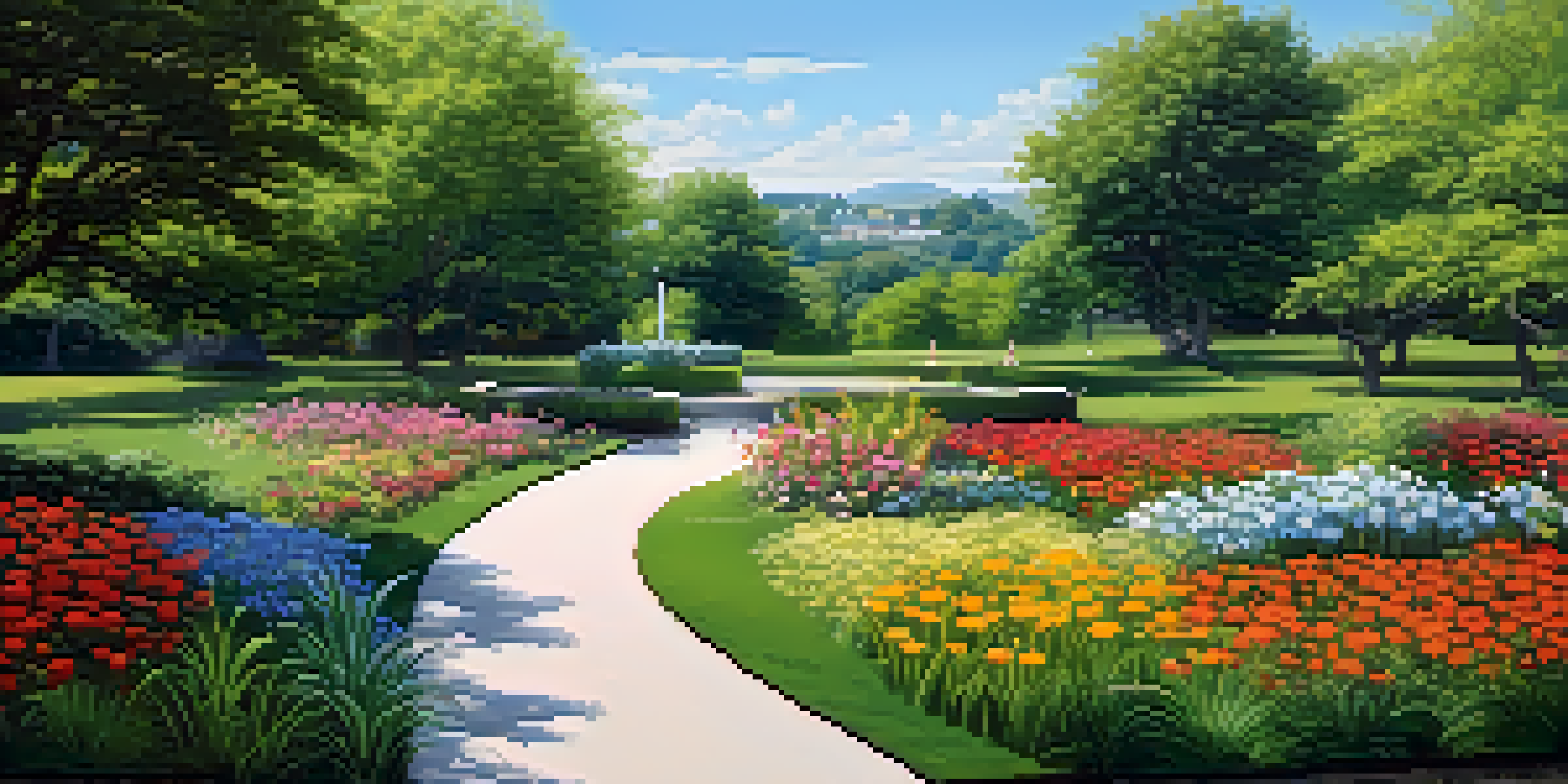 A peaceful park scene with a person walking along a path surrounded by greenery and flowers under a clear blue sky.