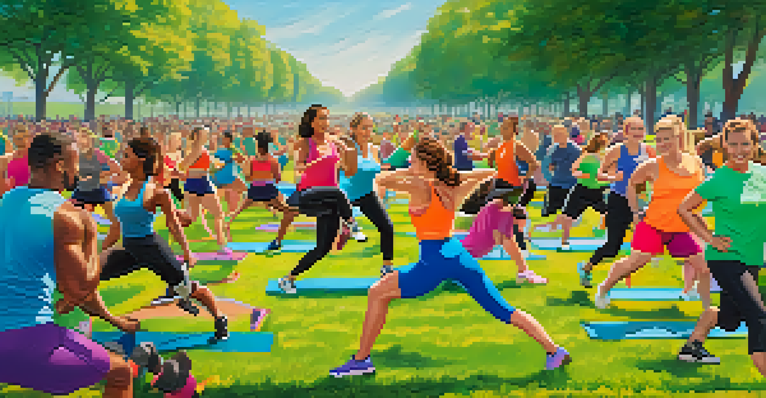 A diverse group of individuals participating in an outdoor workout session, showcasing community and support.