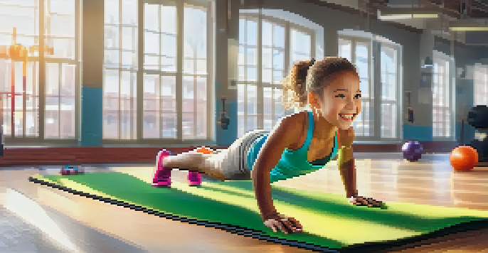 A young girl doing push-ups in a gym, smiling with determination, surrounded by colorful exercise mats and weights.