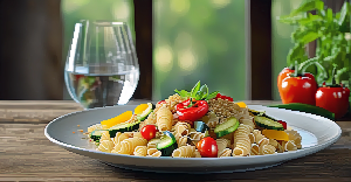 A plate of whole grain pasta with sautéed vegetables on a wooden table, enhanced by natural light.