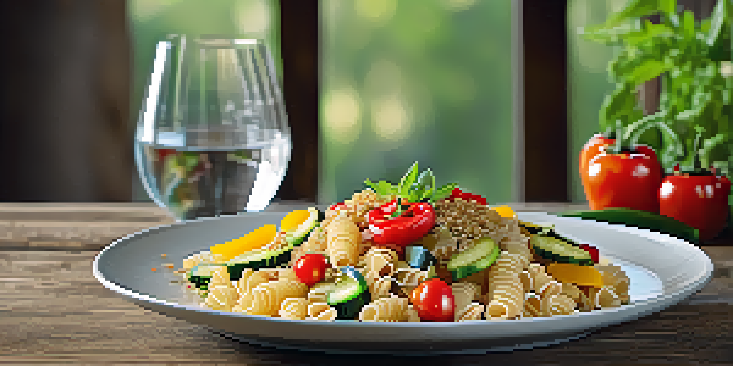 A plate of whole grain pasta with sautéed vegetables on a wooden table, enhanced by natural light.