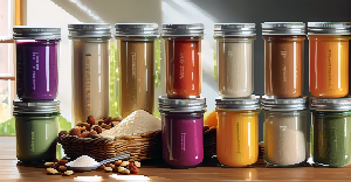 A colorful assortment of gluten-free protein powders displayed on a wooden table with sunlight illuminating the scene, alongside fresh fruits and nuts.