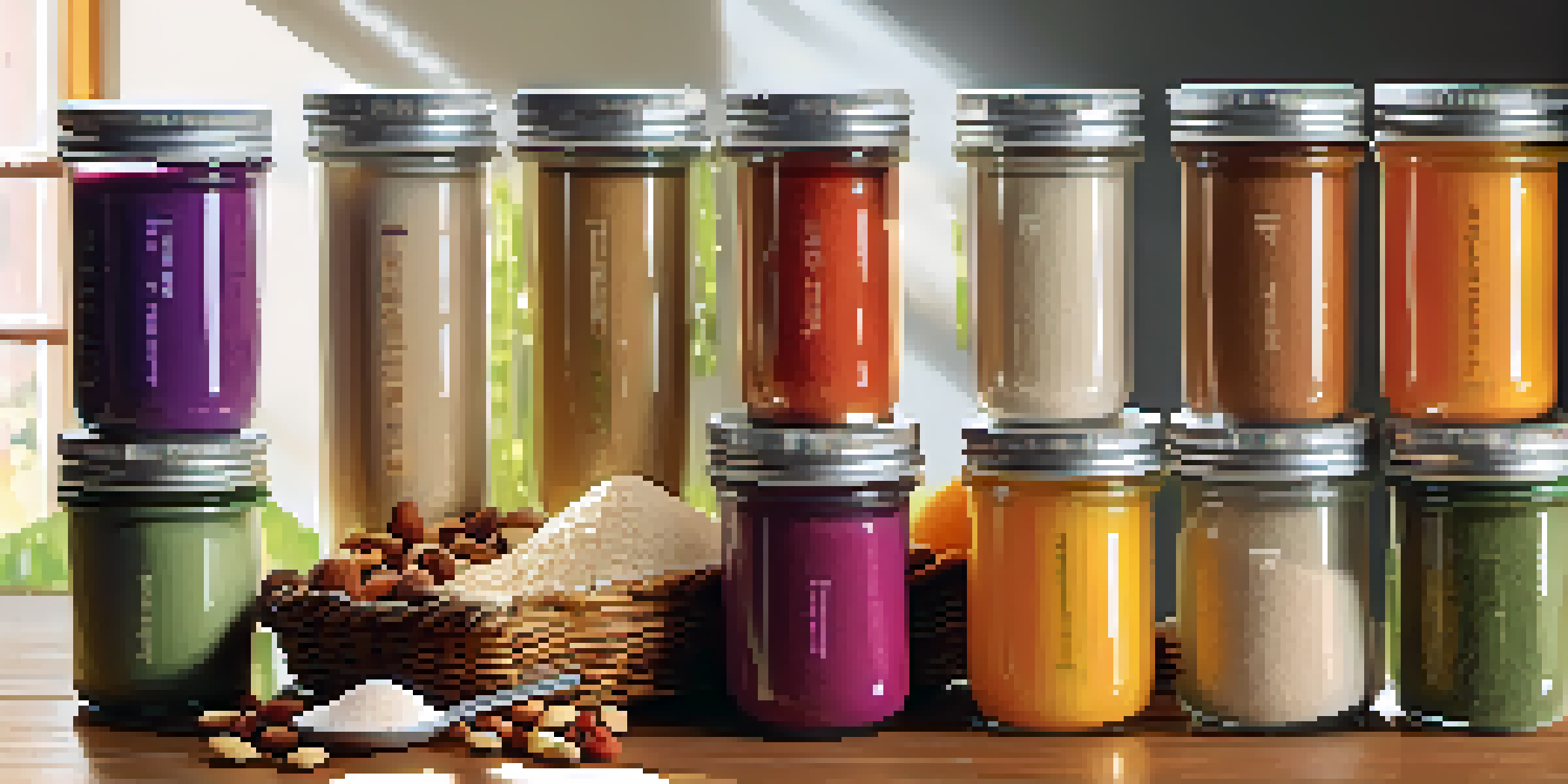 A colorful assortment of gluten-free protein powders displayed on a wooden table with sunlight illuminating the scene, alongside fresh fruits and nuts.