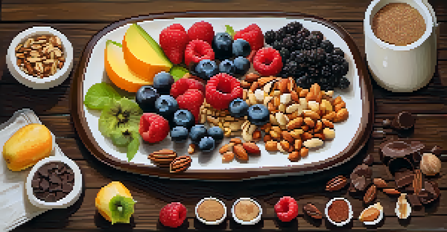 A plate of nutritious foods including dark chocolate, berries, and nuts, arranged on a rustic wooden table, symbolizing healthy eating.