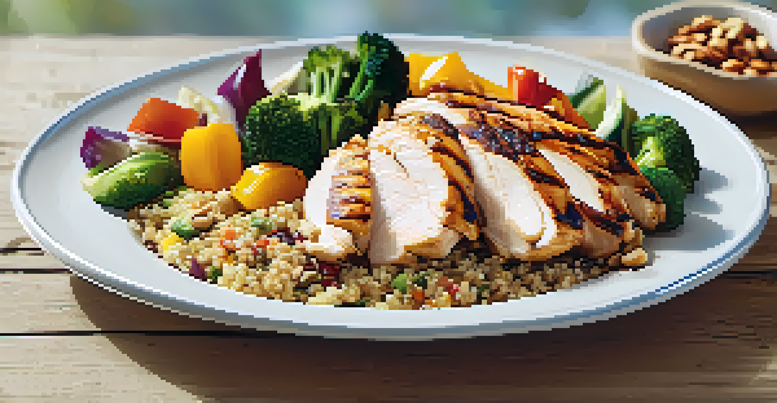 A close-up of a nutritious meal with grilled chicken, quinoa, and colorful vegetables on a white plate, set on a rustic wooden table with water and nuts.
