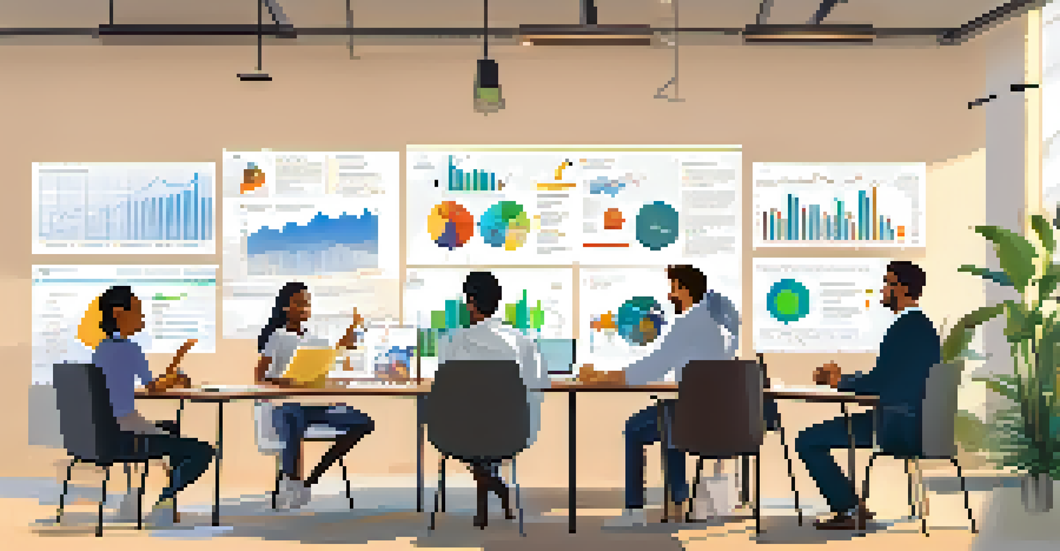 A diverse group of people in a meeting discussing progress, with charts on a screen and a bright, motivational environment.