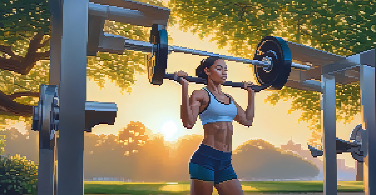 A woman lifting weights outdoors in a park at sunrise, surrounded by greenery, showcasing strength and determination.