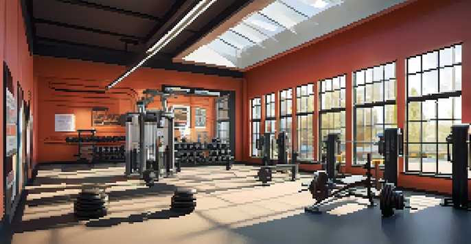 A modern gym interior featuring weightlifting equipment and motivational posters, illuminated by natural light.