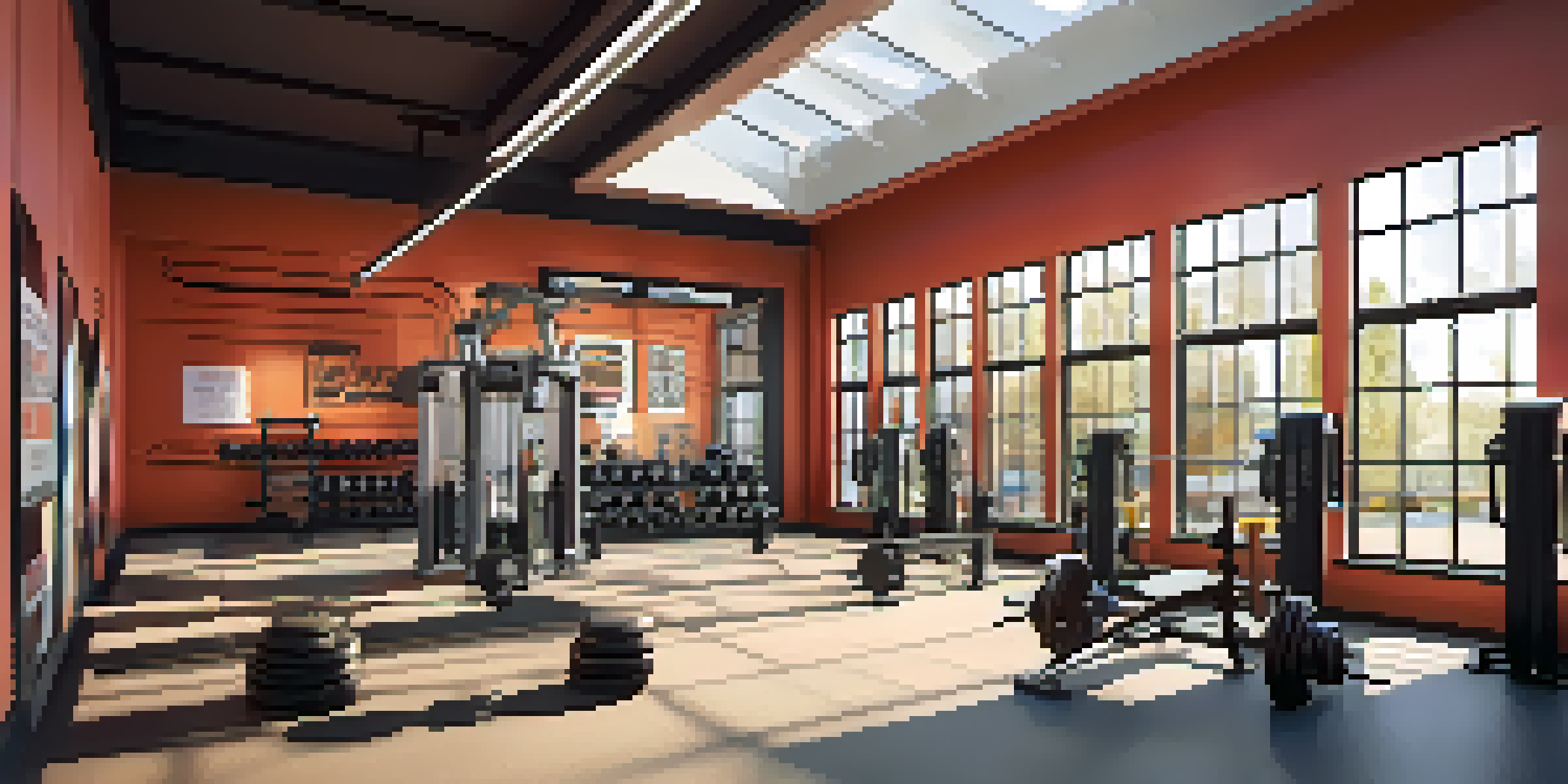 A modern gym interior featuring weightlifting equipment and motivational posters, illuminated by natural light.