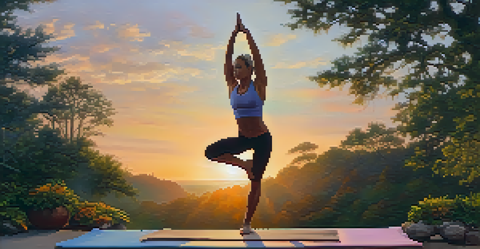 A female bodybuilder practicing yoga outdoors at sunset, showcasing strength and tranquility.