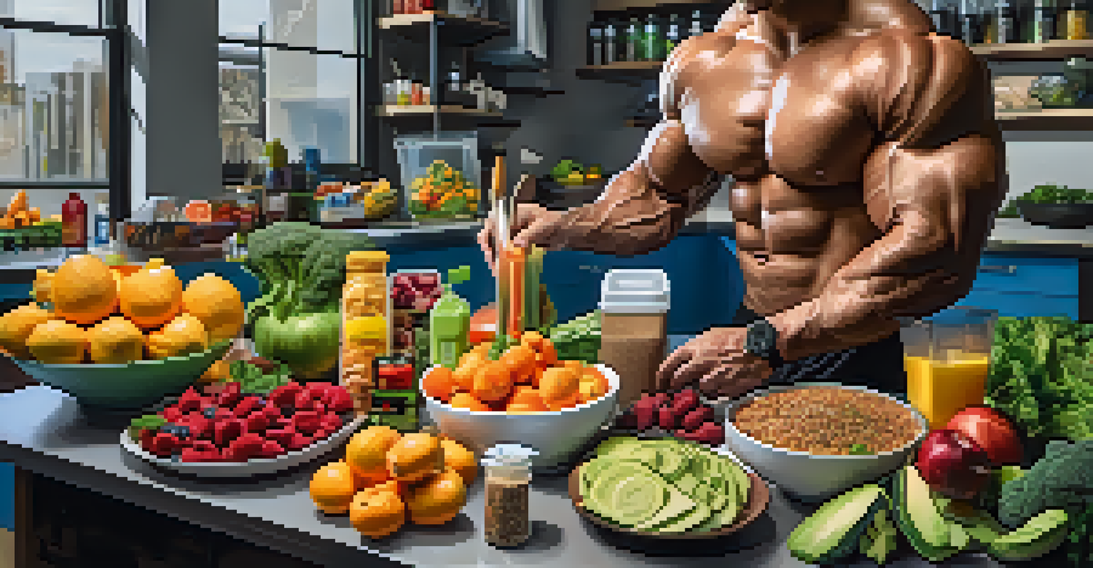 A table filled with healthy meal prep items, including fruits, vegetables, and lean proteins.