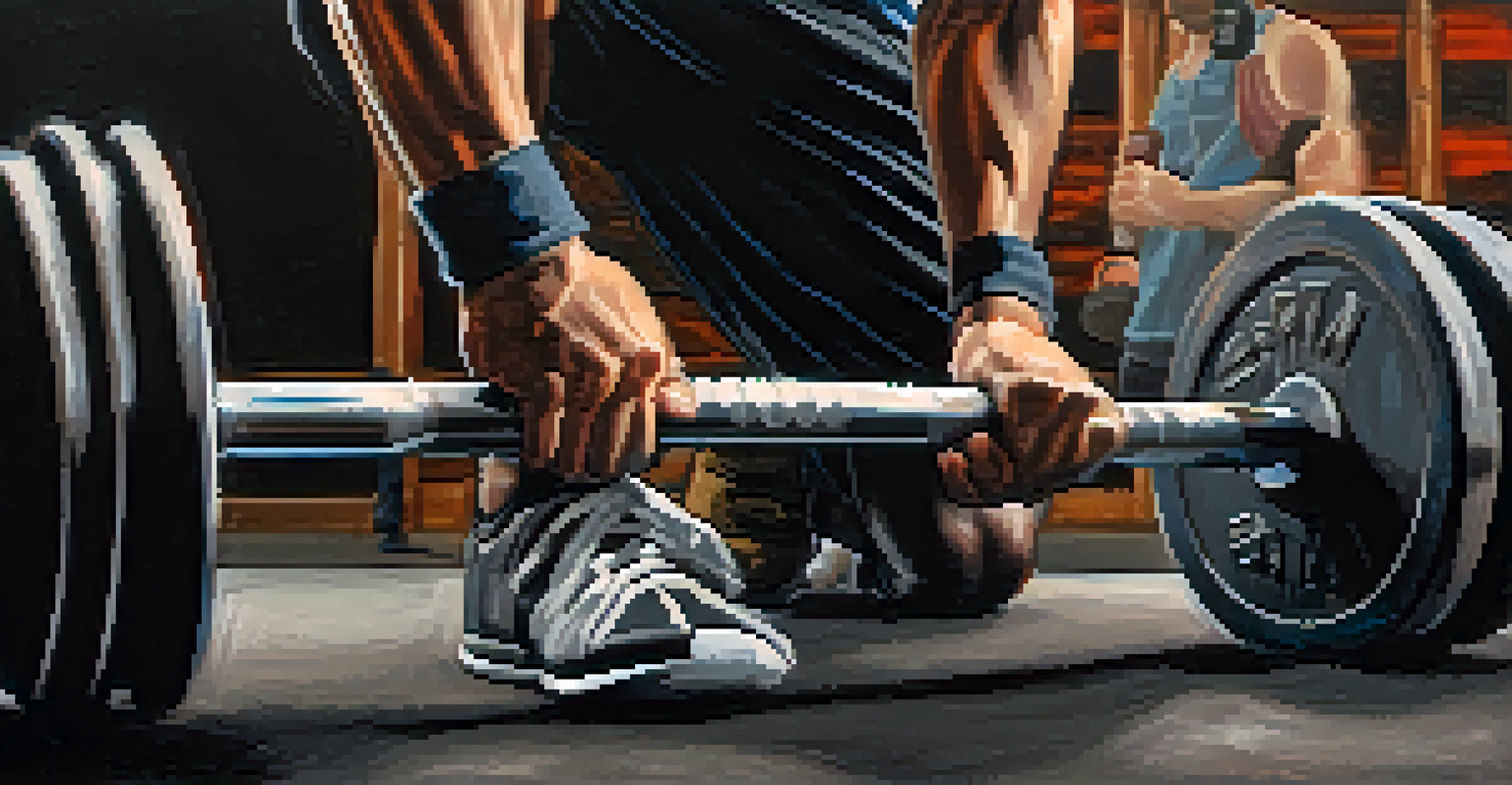 Close-up of a person's hands gripping a barbell, with chalk dust and gym equipment in a blurred background.