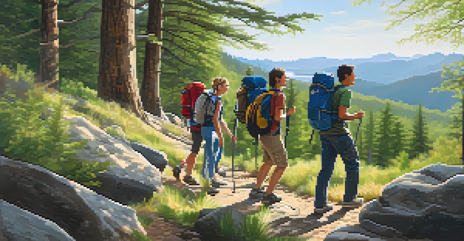 A group of friends helping each other on a rocky trail during a charity hike in a forest, with sunlight filtering through the trees.