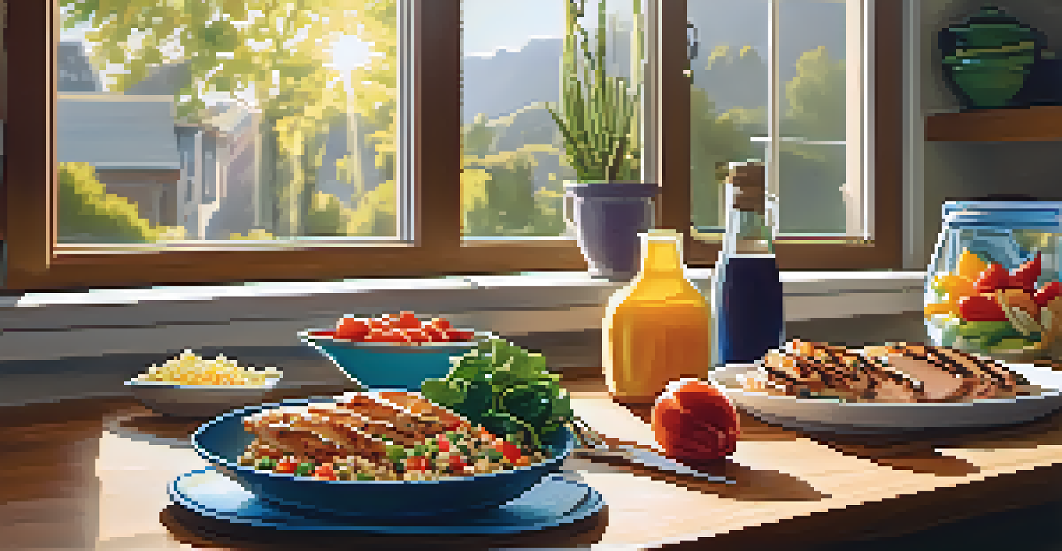 A healthy post-workout meal displayed on a colorful plate in a sunlit kitchen, featuring grilled chicken, quinoa, and fresh vegetables.