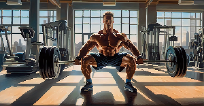 A bodybuilder lifting weights with determination in a bright gym, sunlight streaming through windows.