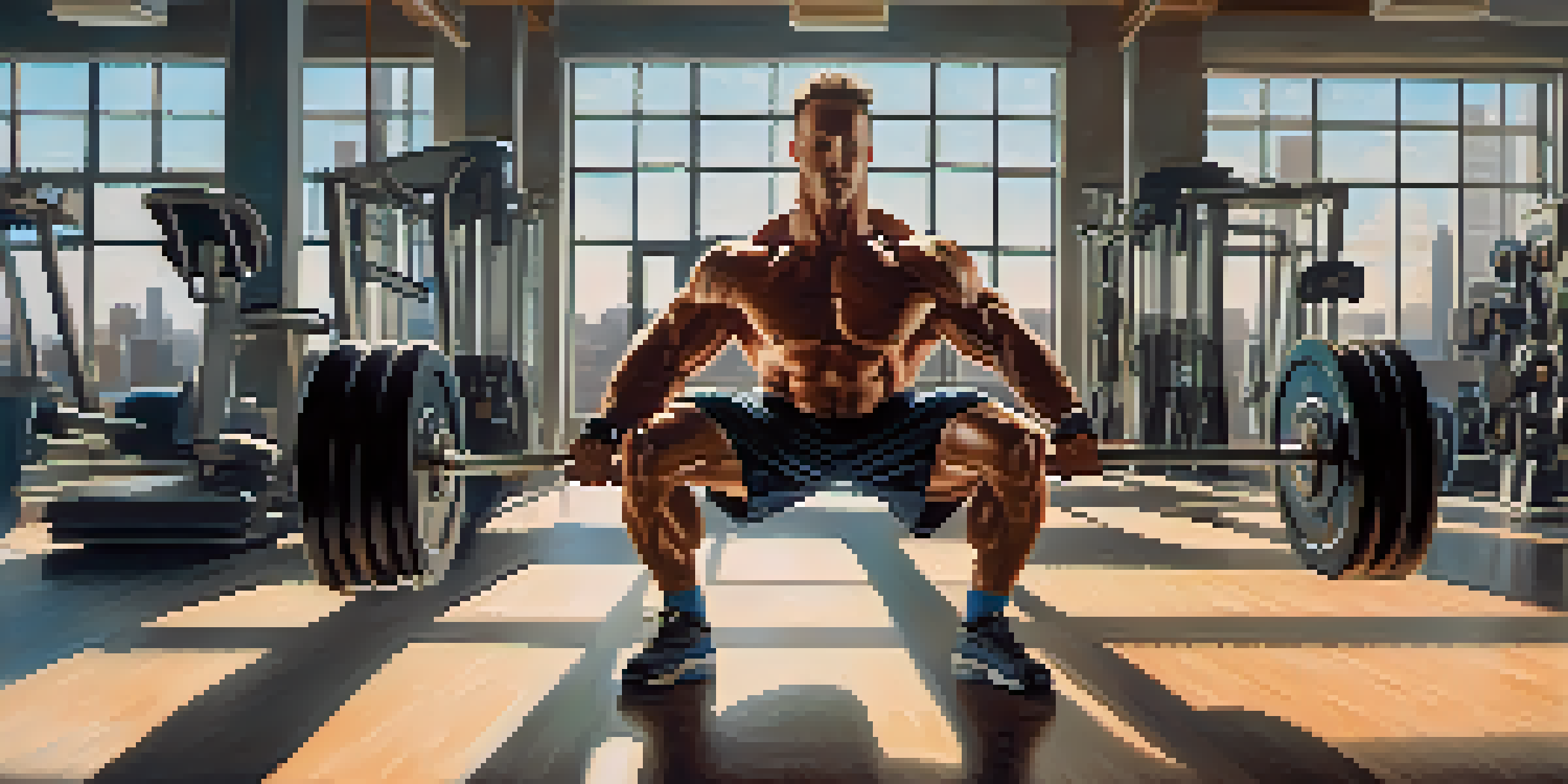 A bodybuilder lifting weights with determination in a bright gym, sunlight streaming through windows.