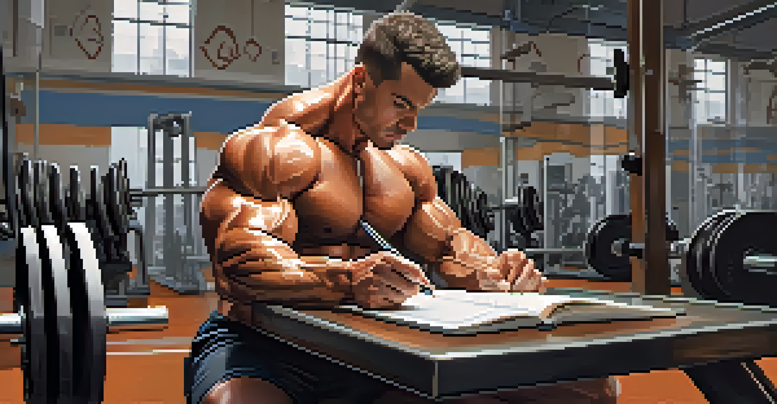 A bodybuilder tracking workout progress in a gym, seated on a bench with a notebook, surrounded by fitness equipment.