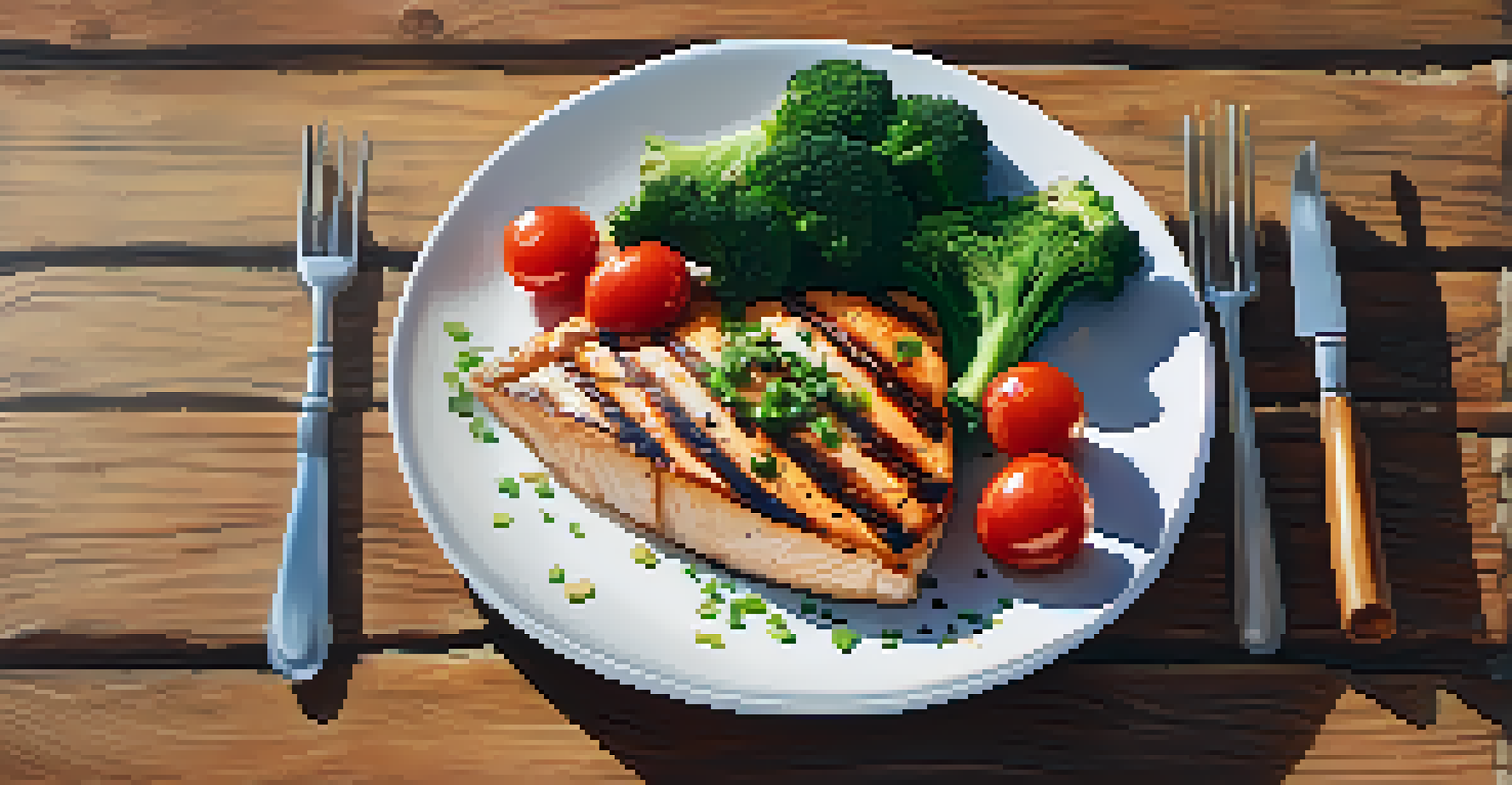 A healthy, balanced meal featuring grilled chicken, quinoa, broccoli, and cherry tomatoes on a rustic table.