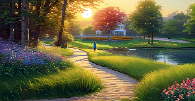 A tranquil park at sunset with a winding path, vibrant grass, colorful flowers, and a person walking a dog.