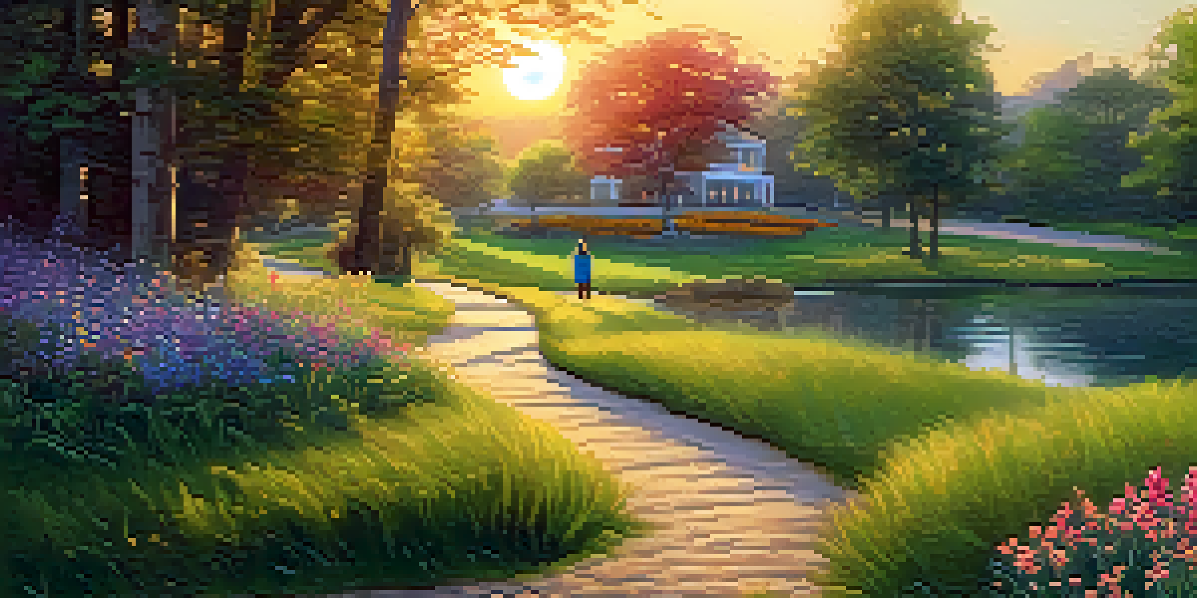 A tranquil park at sunset with a winding path, vibrant grass, colorful flowers, and a person walking a dog.