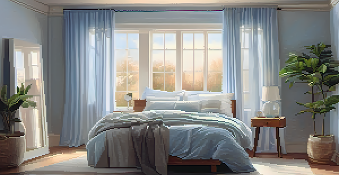 A peaceful bedroom scene with a person sleeping, soft lighting, and calming colors, promoting a restful environment.
