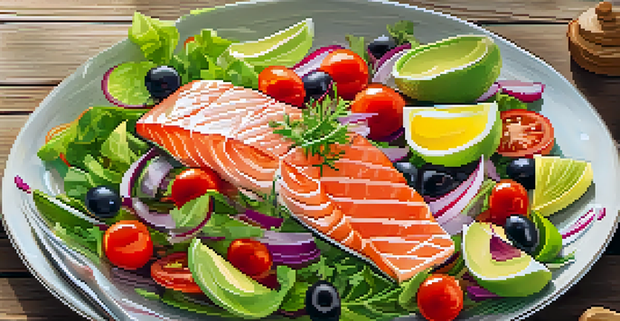 A colorful salmon salad on a wooden table with greens, cherry tomatoes, and avocado, illuminated by natural sunlight.