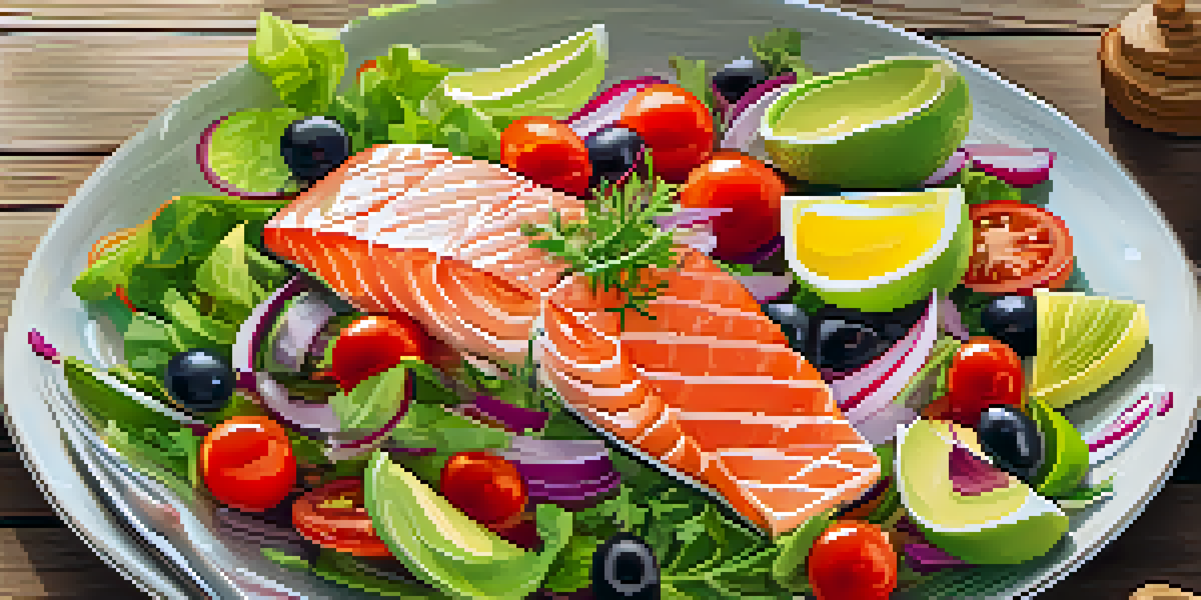A colorful salmon salad on a wooden table with greens, cherry tomatoes, and avocado, illuminated by natural sunlight.