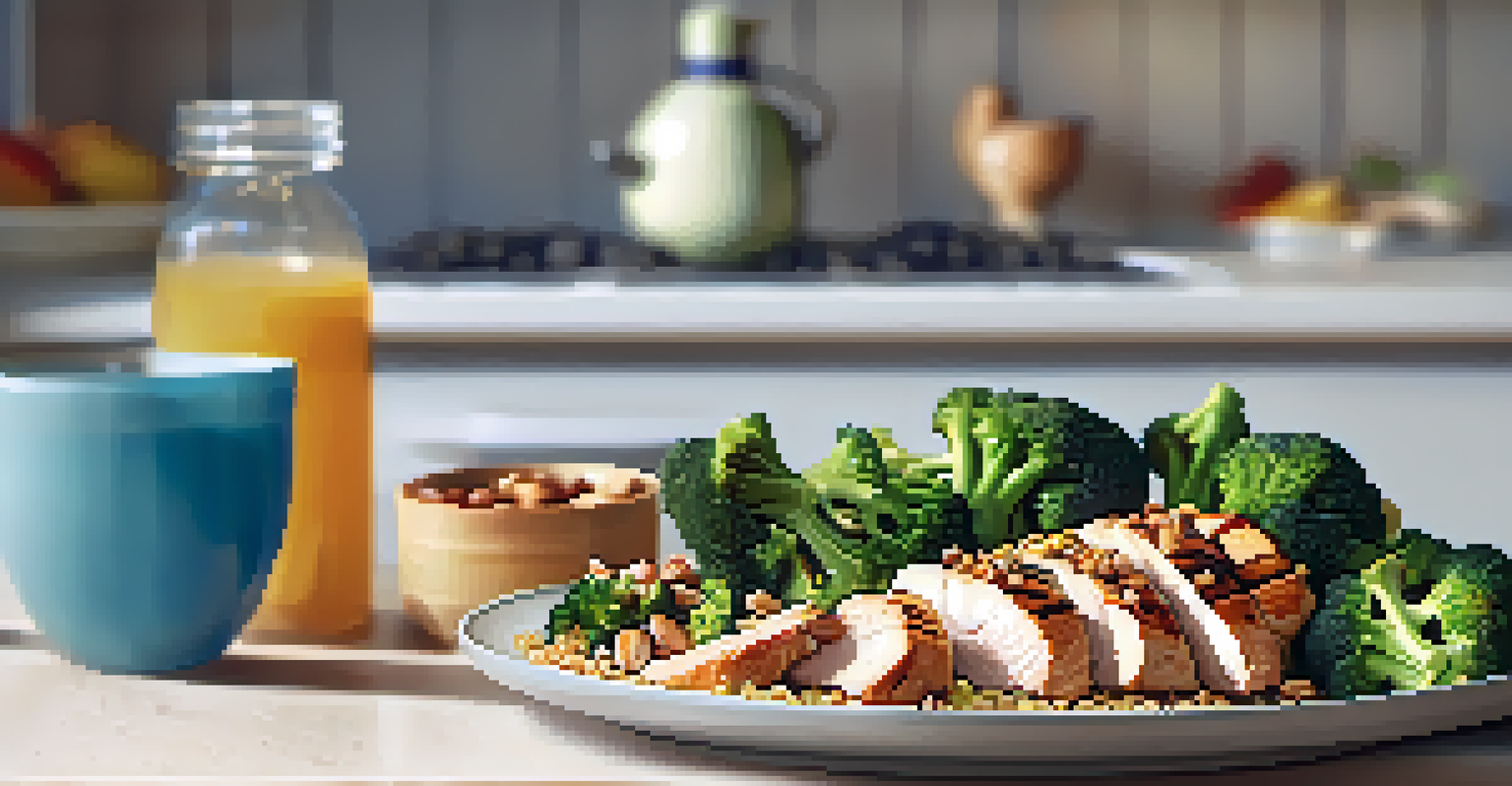 A colorful and nutritious post-workout meal on a plate, featuring grilled chicken, quinoa, and vegetables in a bright kitchen.