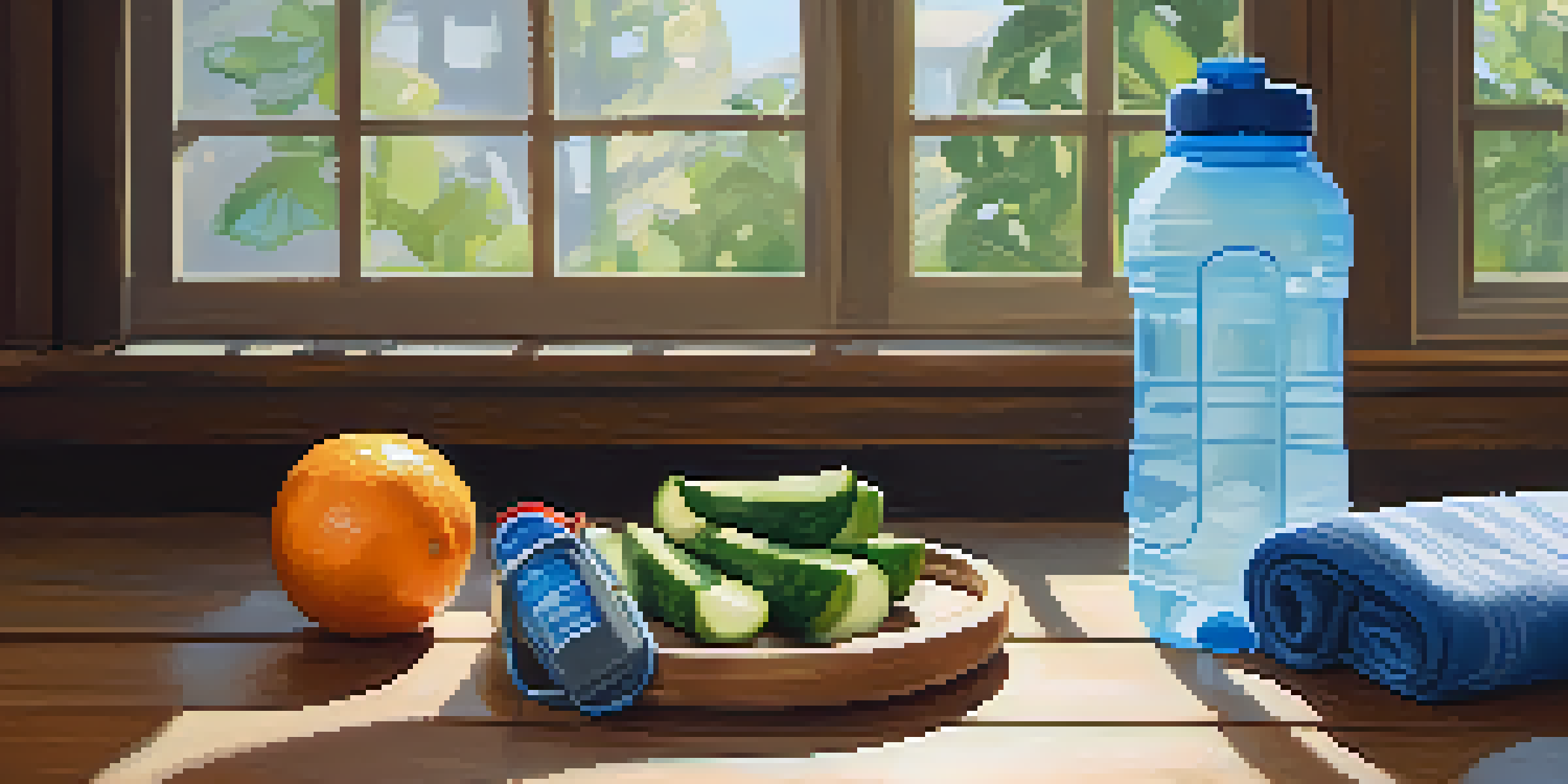 A hydration station with a water bottle, electrolyte packets, and fresh fruits on a wooden table, bathed in warm sunlight.