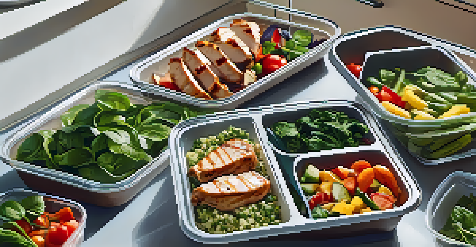 A vibrant meal prep scene with grilled chicken, quinoa, and assorted vegetables in containers, set in a bright kitchen.