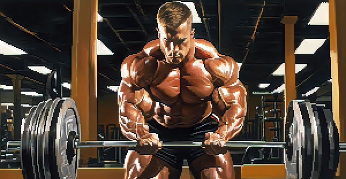 A muscular bodybuilder lifting a heavy barbell in a gym, with focused determination on his face.