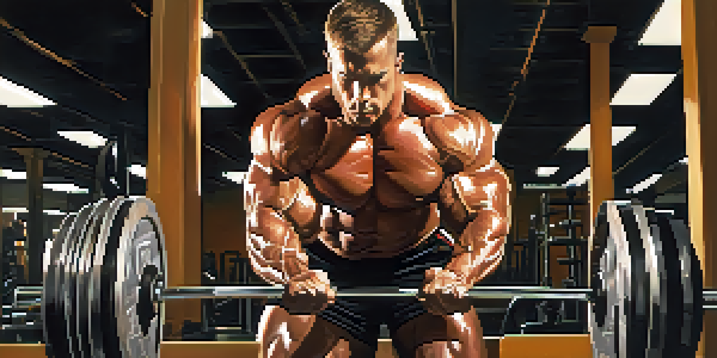 A muscular bodybuilder lifting a heavy barbell in a gym, with focused determination on his face.