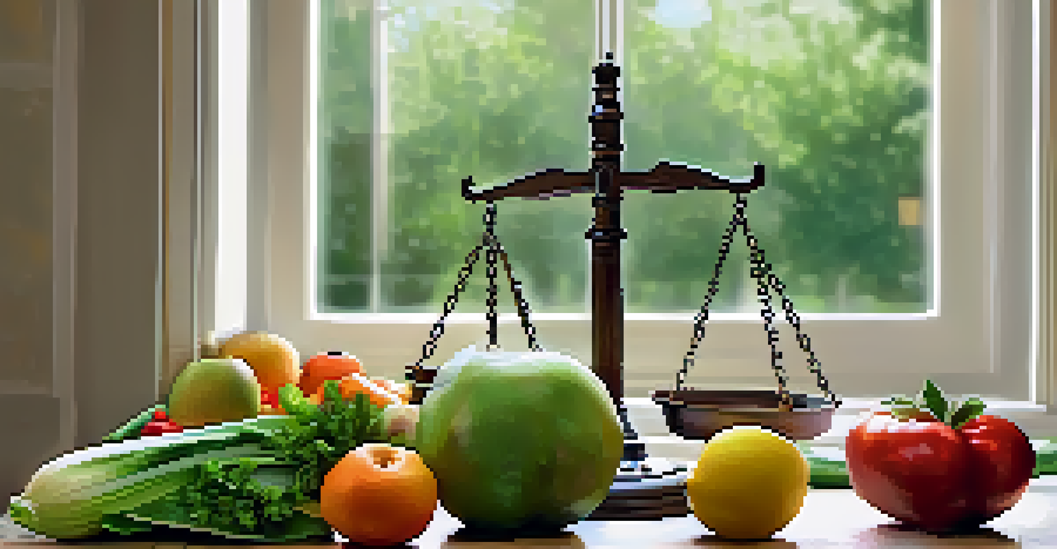 A scale surrounded by healthy fruits and vegetables, indicating balanced weight management.