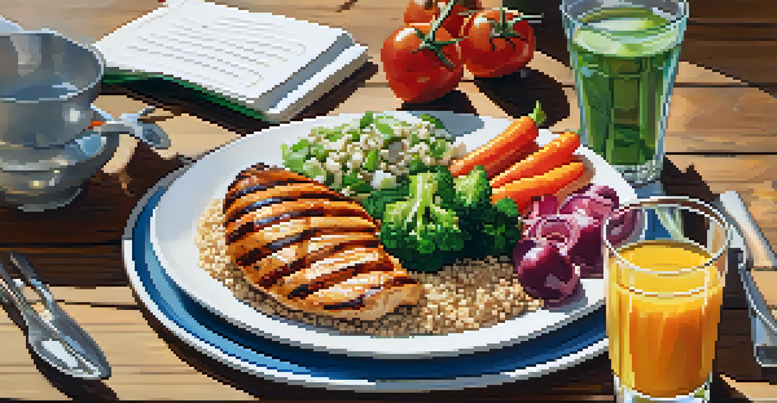 A healthy meal with grilled chicken, quinoa, and colorful vegetables on a wooden table, accompanied by a notebook and a glass of water.