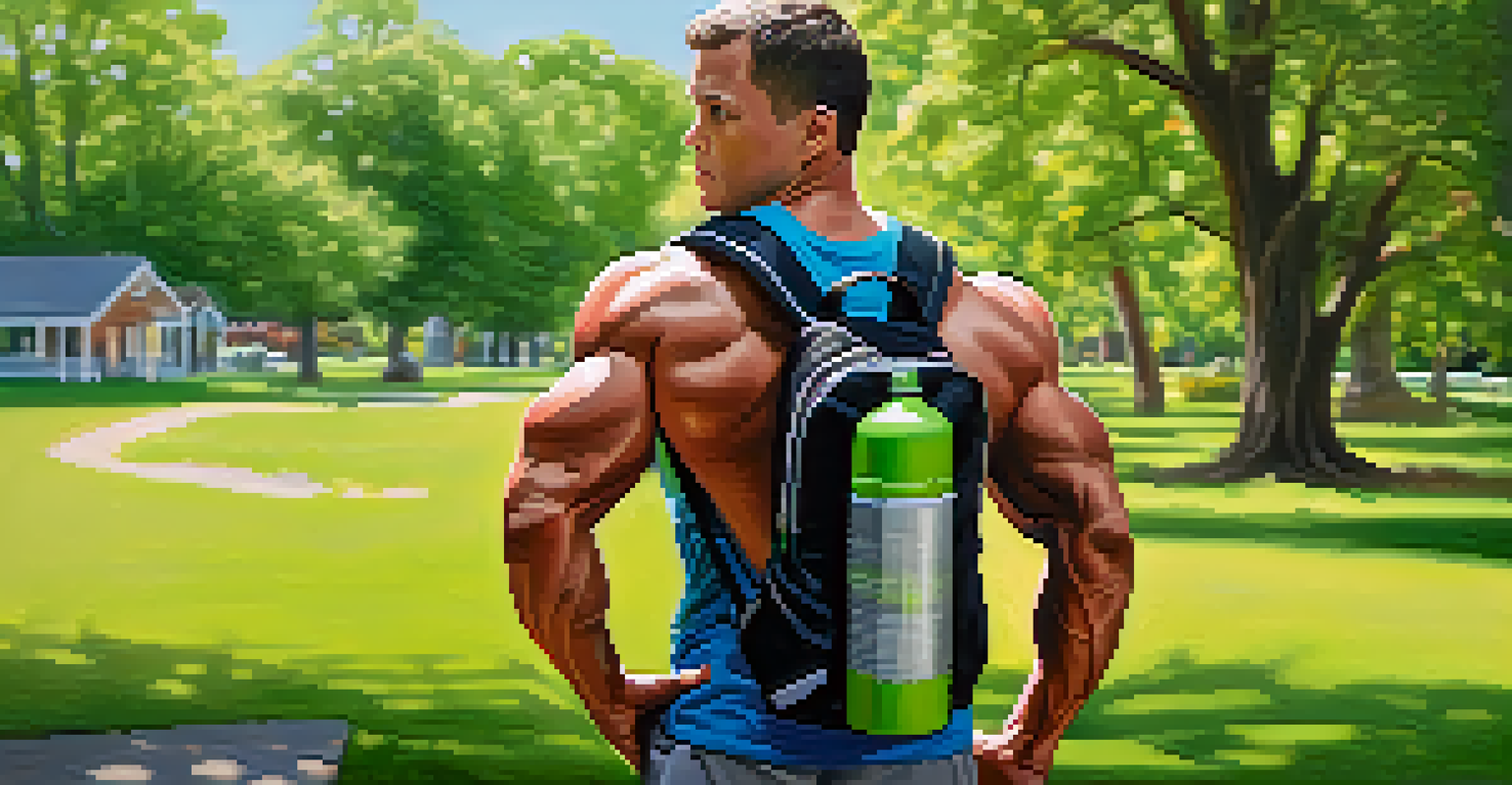 A bodybuilder packing a colorful water bottle into a backpack in a sunny park, surrounded by green grass and trees.